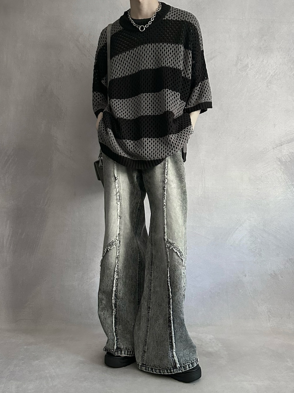 SERACE】Vintage design fringe zip wide flare denim pants 