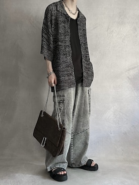 「SERACE（セラス）の【SERACE】Oversize openwork short sleeve mesh cardigan / オーバーサイズ透かし編み半袖メッシュカーディガン（カーディガン/ボレロ）」を使った、cobaさん（メンズ・173cm）の夏コーディネート