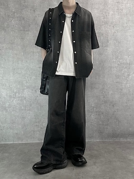 「SERACE（セラス）の【SERACE】Vintage make short sleeve denim shirt / ヴィンテージメイク半袖デニムシャツ（シャツ/ブラウス、ブラック系）」を使った、cobaさん（メンズ・173cm）の夏コーディネート