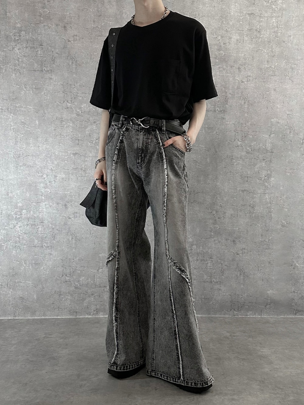 SERACE】Vintage design fringe zip wide flare denim pants