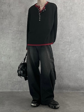 「Chikashitsu +(チカシツプラス)の【Chikashitsu +】studs leather belt bag / 【チカシツプラス】スタッズフェイクレザーベルトバッグ(ショルダーバッグ)」を使った、cobaさん(メンズ・173cm)の秋コーディネート