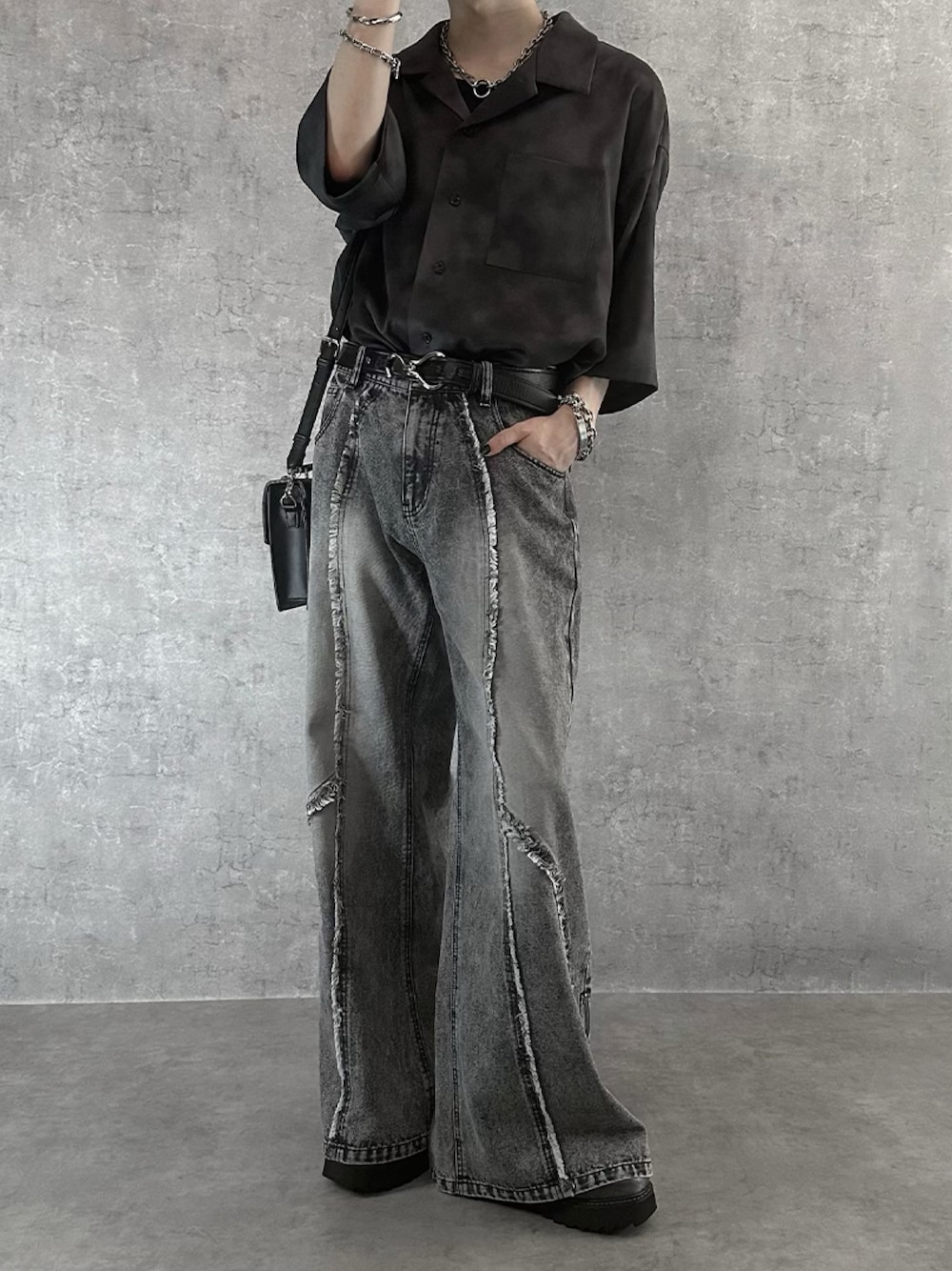 SERACE】Vintage design fringe zip wide flare denim pants