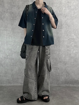 「SERACE（セラス）の【SERACE】Vintage make short sleeve denim shirt / ヴィンテージメイク半袖デニムシャツ（シャツ/ブラウス、ブルー系）」を使った、cobaさん（メンズ・173cm）の夏コーディネート