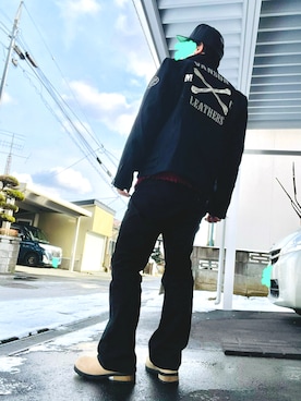 「アイテム（ライダースジャケット）」を使った、こーと・かばーんさん（メンズ・173cm）の冬コーディネート