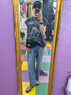 「H&M（エイチ・アンド・エム）のアイテム（Tシャツ/カットソー、ブラック系）」を使った、みーやさん（メンズ・181cm）の夏コーディネート
