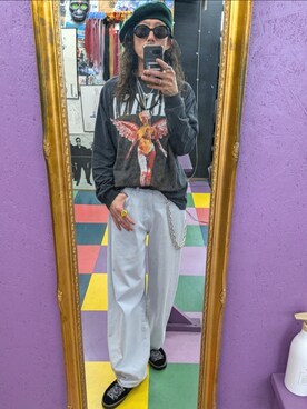 「古着のアイテム（Tシャツ/カットソー、ブラック系）」を使った、みーやさん（メンズ・181cm）の夏コーディネート