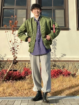 「チェック柄に恋してる」｜「アイテム（MA-1）」を使った、 ごりゅーさん（メンズ・177cm）の冬コーディネート