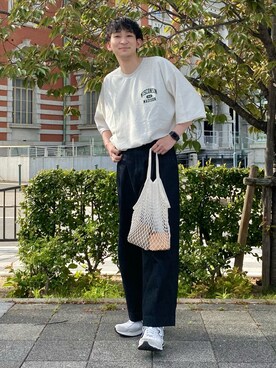 「niko and...（ニコアンド）のロゴプリントスウェットＴシャツ（Tシャツ/カットソー）」を使った、 ごりゅーさん（メンズ・177cm）の春コーディネート