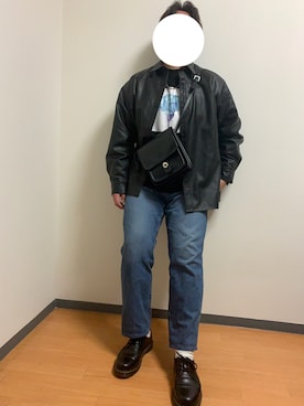 「adrer」｜「アイテム（ライダースジャケット）」を使った、む〜さん（メンズ・177cm）の冬コーディネート