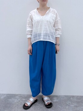 「studio CLIP（スタディオクリップ）の【イージーケア・接触冷感】ギャザーパンツ[プチ・プラスサイズあり]（その他パンツ、ブルー系）」を使った、うだかなさん（レディース・163cm）の夏コーディネート