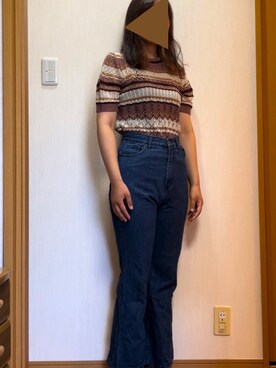 「earth music&ecology（アースミュージックアンドエコロジー）のレトロボーダーニットプルオーバー（Knitwear、ピンク系）」を使った、なおなおさん（レディース・158cm）の秋コーディネート