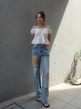 「ALEXIA STAM（アリシアスタン）のLinen Cropped Top /リネンクロップドトップス（Tシャツ/カットソー、ホワイト系）」を使った、ALEXIA STAMさん（レディース・159cm）の夏コーディネート