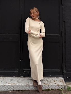 「ALEXIA STAM（アリシアスタン）のRandom-Rib Tie Dress /パッドin チョーカーワンピース（ワンピース、ベージュ系）」を使った、ALEXIA STAMさん（レディース・155cm）の秋コーディネート