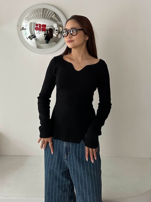 セール】Square Hem Knit Top /スクエアヘムリブニットトップス