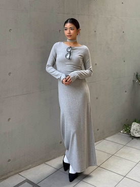 「ALEXIA STAM（アリシアスタン）のRandom-Rib Tie Dress /パッドin チョーカーワンピース（ワンピース、グレー系）」を使った、ALEXIA STAMさん（レディース・155cm）の秋コーディネート