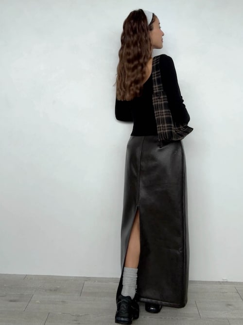 セール】Fake Leather Warm Long Skirt /裏起毛フェイクレザースカート