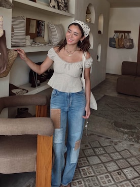 「ALEXIA STAM（アリシアスタン）のLinen Cropped Top /リネンクロップドトップス（Tシャツ/カットソー、ベージュ系）」を使った、ALEXIA STAMさん（レディース・159cm）の夏コーディネート