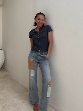 「ALEXIA STAM（アリシアスタン）のPatchwork Denim Pants Blue /パッチワークデニムパンツ（デニムパンツ、ブルー系）」を使った、ALEXIA STAMさん（レディース・159cm）の夏コーディネート
