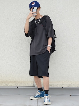 「アクティブ」｜「アイテム（キャップ）」を使った、おやすみくん💤さん（メンズ・170cm）の夏コーディネート