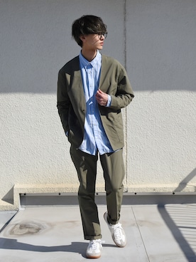 「古着」｜「アイテム（ノーカラージャケット）」を使った、おやすみくん💤さん（メンズ・170cm）の冬コーディネート