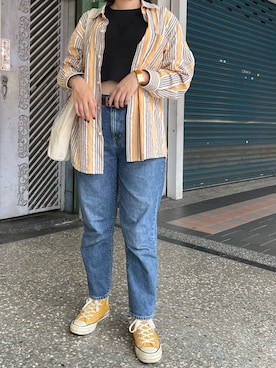 「GU（ジーユー）のアイテム（Tシャツ/カットソー、ブラック系）」を使った、chiauさん（レディース・158cm）の夏コーディネート