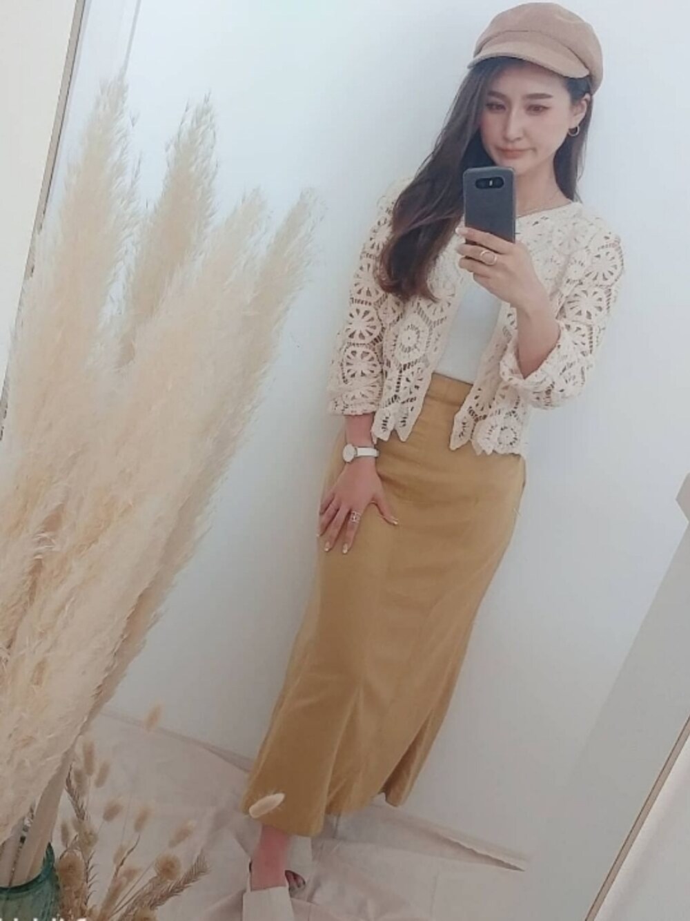 「ゆるコーデ、大人コーデ、クロシェ、おしゃれさんと繋がりたい、キャスケット、ベージュ、いいね、save、フォローお願いします🤑、イエロー、カラースカート、スカート」｜「しまむらのアイテム（スカート、イエロー系）」を使った、MANAMI☪さん（レディース・156cm）の夏コーディネートの1枚目の写真