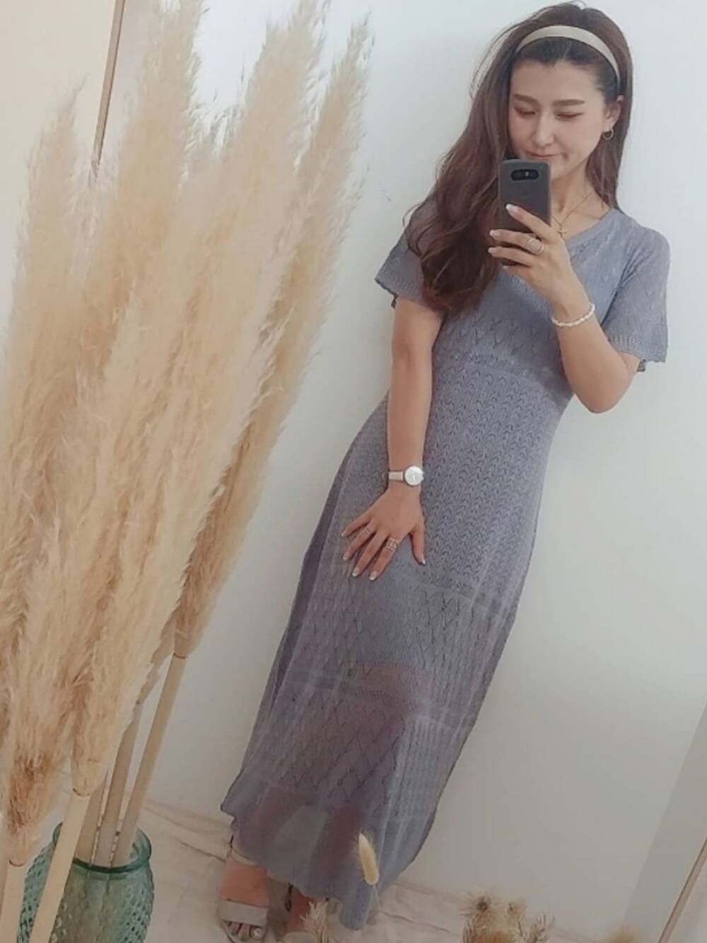 「夏コーデ、クロシェ、低身長、おしゃれさんと繋がりたい、大人女子、ワンピース、いいね、save、フォローお願いします🤑、ワントーンコーデ、オトナ女子、インスタフォローしてね！」｜「earth music&ecologyのクロシェニットワンピース ＊（ワンピース、ブルー系）」を使った、MANAMI☪さん（レディース・156cm）の夏コーディネートの1枚目の写真