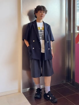 「jj mercer（ジェイジェイマーサー）のJ.J.MERCER: プリント TEE（Tシャツ/カットソー、ホワイト系）」を使った、隈元さん（レディース・158cm）の夏コーディネート