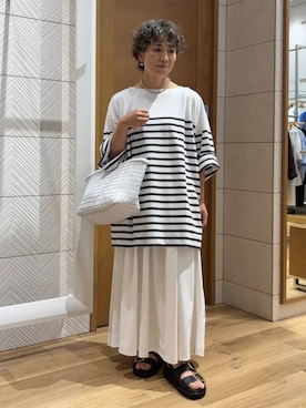 「SHIPS（シップス）のW:TEXBRID(R)ﾀﾌﾀｷﾞｬｻﾞｰｽｶｰﾄ2（スカート、ホワイト系）」を使った、隈元さん（レディース・158cm）の夏コーディネート