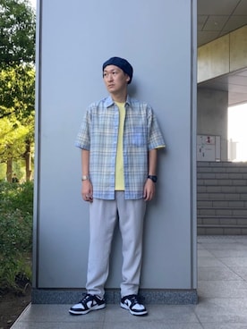 「ベーシック/トラッド」｜「アイテム（ハンチング/ベレー帽）」を使った、慈道 一磨さん（メンズ・173cm）の夏コーディネート