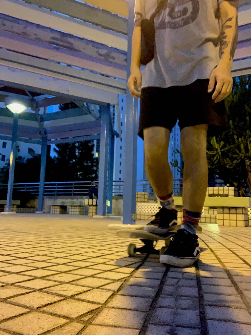 「skateboard」｜「BURBERRYのアイテム（Tシャツ/カットソー、グレー系）」を使った、Harper & Desireeさん（メンズ・165cm）の秋コーディネートの1枚目の写真
