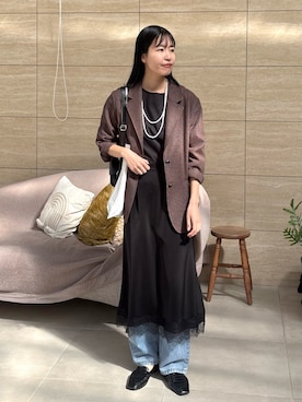 「Doux archives（ドゥアルシーヴ）の【展示会人気NO.1！】カラミツイードメッシュジャケット（テーラードジャケット、ブラウン系）」を使った、るこ。さん（レディース・173cm）の春コーディネート