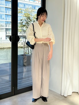 「Doux archives（ドゥアルシーヴ）のコットンリネン袖ボリュームシャツ（シャツ/ブラウス、イエロー系）」を使った、るこ。さん（レディース・173cm）の春コーディネート