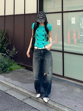 「WHO'S WHO gallery（フーズフーギャラリー）の【WEB限定カラーあり】シアーリブＷボタンフーディ（パーカー、ブルー系）」を使った、モエさん（レディース・167cm）の春コーディネート