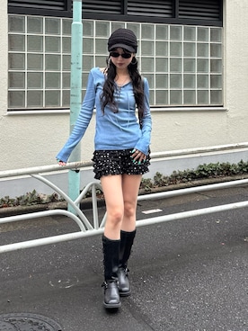 「WHO'S WHO gallery（フーズフーギャラリー）のプロセストレースアップトップス（Tシャツ/カットソー、ブルー系）」を使った、モエさん（レディース・167cm）の春コーディネート