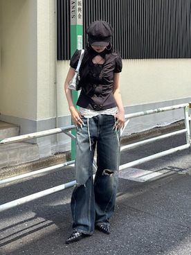 「WHO'S WHO gallery（フーズフーギャラリー）のWボタンギャザーブラウス(ドット柄・無地)（シャツ/ブラウス、ブラック系）」を使った、モエさん（レディース・167cm）の春コーディネート