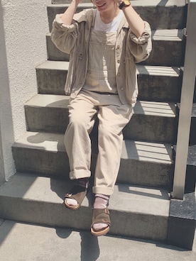 「リネンシャツ」｜「アイテム（オールインワン・サロペット）」を使った、おめぐさん（レディース・157cm）の夏コーディネート