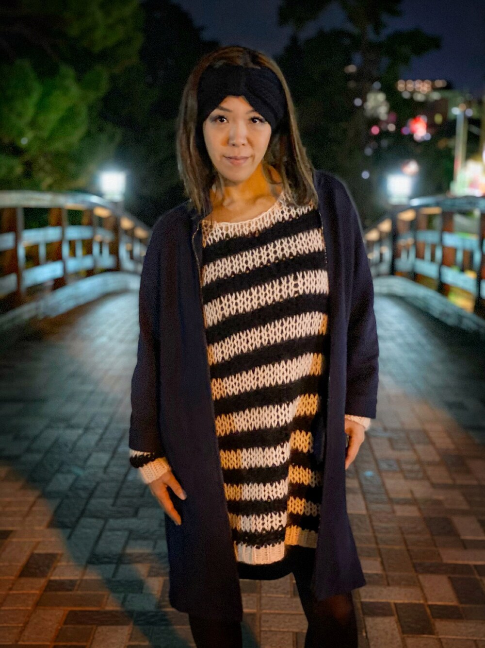 「オトナカジュアル、ゆったりコーデ、ニット/セーター、コート、モヘアニット、ボーダー、ボーダートップス、ボーダーニット、ヘアバンド、フレンチ、マルタンマルジェラ、Martin Margiela、Saint Laurent、サンローランパリ、奥の細道」｜「Saint Laurentのアイテム（トップス、ホワイト系）」を使った、WODDYFUNKさん（レディース・155cm）の秋コーディネートの1枚目の写真