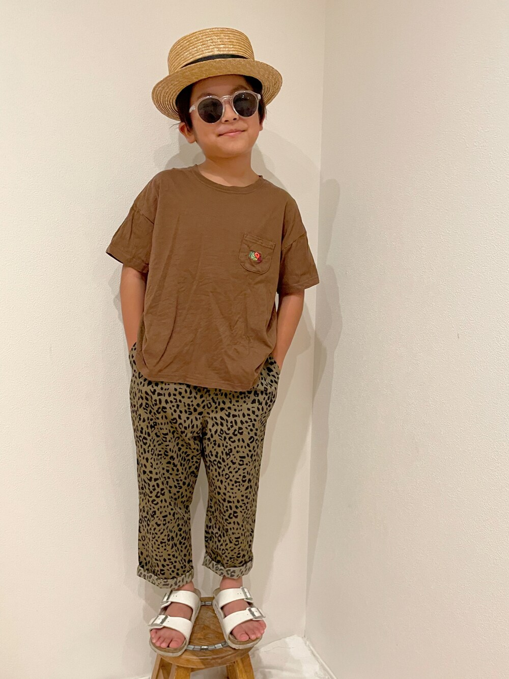 「夏コーデ、キッズコーデ、男の子コーデ、シンプル、プチプラ、カジュアル、着回しコーデ、カジュアルコーデ、レオパード、夏服、夏セールで買いました」｜「Birthdayのアイテム（トップス、ブラウン系）」を使った、aoeetoさん（キッズ・120cm）の夏コーディネートの1枚目の写真