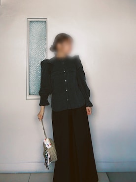 「STYLEMIXER（スタイルミキサー）のディープタックワイドパンツ（スラックス、ブラック系）」を使った、m---＊さん（レディース・156cm）の夏コーディネート