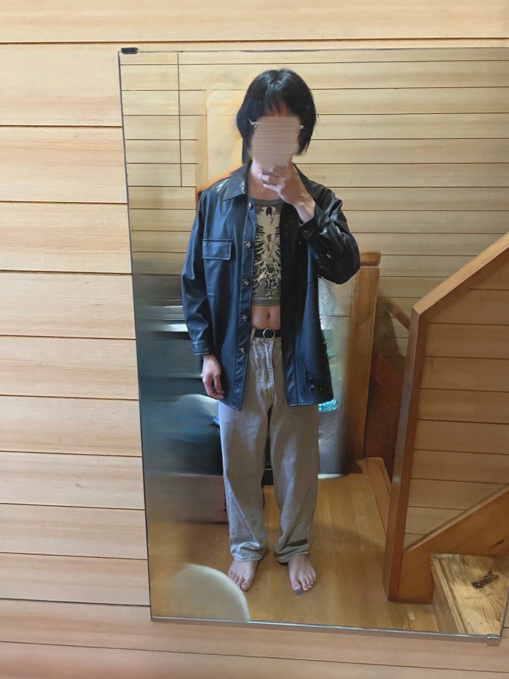 「モード、韓国ファッション、レザー、デニム、レディース男子」｜「AliExpressのアイテム（キャミソール、グリーン系）」を使った、rakuru さん（骨格ナチュラル・メンズ・163cm）の秋コーディネートの1枚目の写真