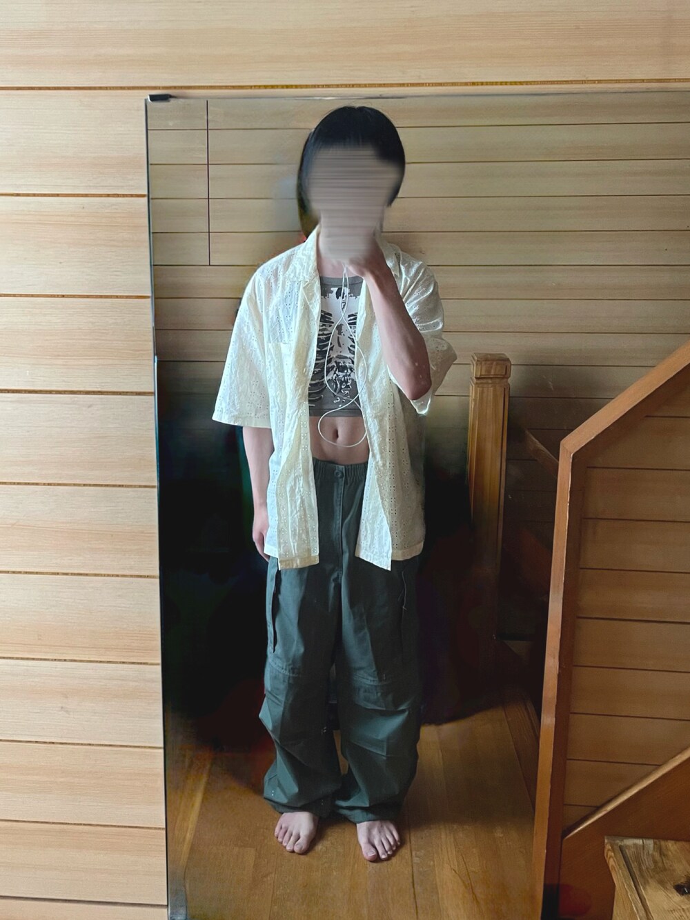 「モード、レイヤードスタイル、夏コーデ、さらっと晴れやかスナップ、レディース男子」｜「AliExpressのアイテム（キャミソール、グリーン系）」を使った、rakuru さん（骨格ナチュラル・メンズ・163cm）の夏コーディネートの1枚目の写真