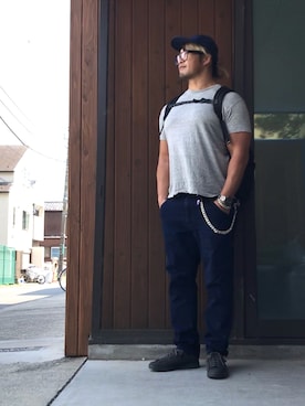 「THE NORTH FACE（ザノースフェイス）のアイテム（デニムパンツ）」を使った、棚橋弘至さん（メンズ・181cm）の夏コーディネート