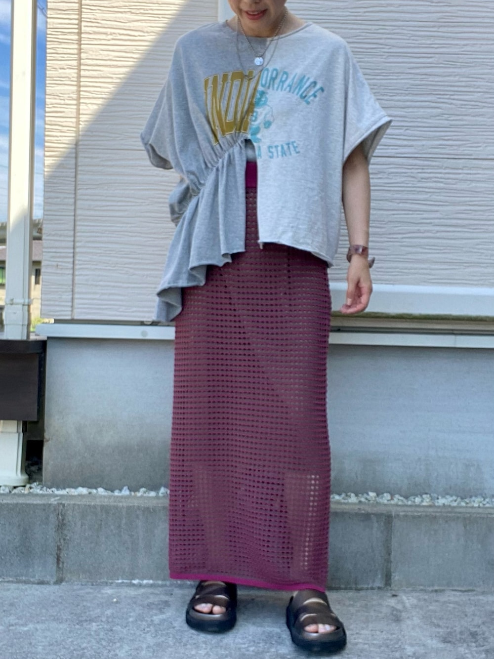 「大人カジュアル、着回しコーデ、ootd、夏服コーデ、おしゃれさんと繋がりたい、JEANASiS、低身長、サンダル」｜「JEANASISのアソートスライドフラットサンダル/274313（サンダル、グレー系）」を使った、yukatoshibonさん（骨格ウェーブ・レディース・154cm）の夏コーディネートの1枚目の写真