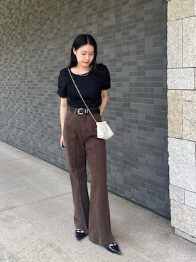「CAPRICIEUX LE'MAGE（カプリシューレマージュ）のギャザーパフT（Tシャツ/カットソー、ブラック系）」を使った、Kyokaさん（レディース・151cm）の夏コーディネート