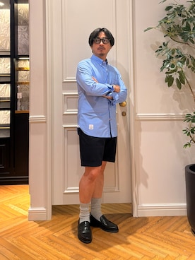 「DRESSTERIOR（ドレステリア）のタイプライターシャツ（ビジネスシャツ、ブルー系）」を使った、tsuruta.dressteriorさん（メンズ・164cm）の夏コーディネート