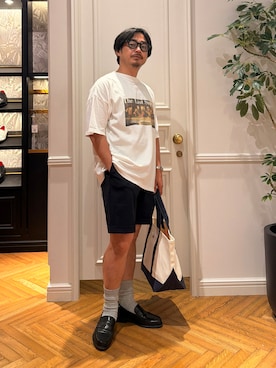 「DRESSTERIOR（ドレステリア）の【干場義雅×MOVB×DRESSTERIOR/ウォッシャブル】トリプルコラボ DUPLEX COTTON ハーフパンツ（その他パンツ、ブルー系）」を使った、tsuruta.dressteriorさん（メンズ・164cm）の夏コーディネート