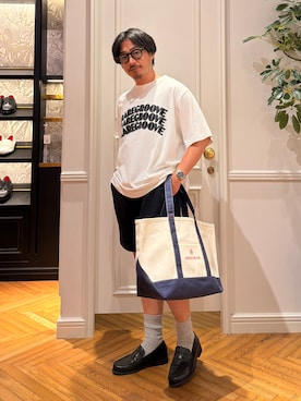 「DRESSTERIOR（ドレステリア）の【干場義雅×MOVB×DRESSTERIOR/ウォッシャブル】トリプルコラボ DUPLEX COTTON ハーフパンツ（その他パンツ、ブルー系）」を使った、tsuruta.dressteriorさん（メンズ・164cm）の夏コーディネート