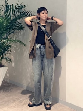 「アイテム（テーラードジャケット、グリーン系）」を使った、つーさんさん（レディース・164cm）の夏コーディネート