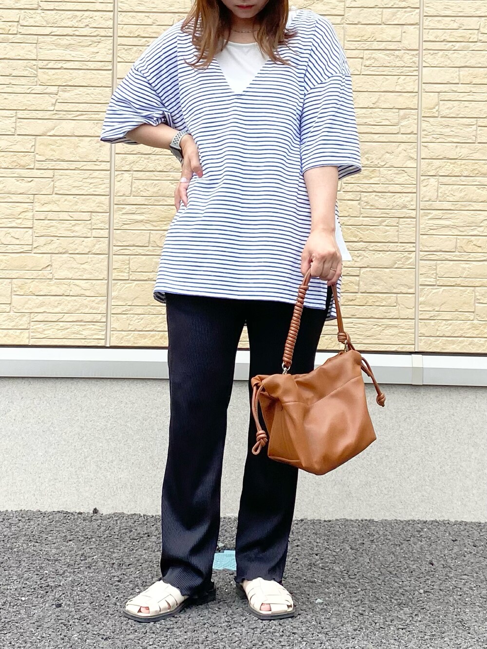 「シンプルコーデ、オトナ女子、春、夏コーデ、ゆるコーデ、低身長、ラフ、ボーダー、ぽっちゃり、フォローミー、ママコーデ」｜「UNITED ARROWSのアイテム（Tシャツ/カットソー、その他）」を使った、me.さん（レディース・154cm）の春コーディネートの1枚目の写真